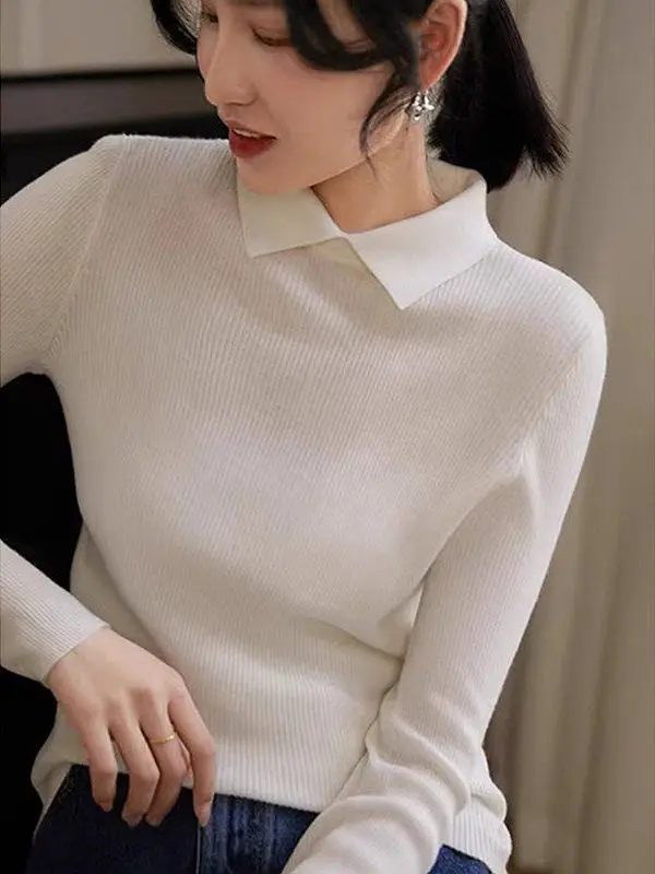 Elegant Knitted Long Sleeve Turn-down Collar Slim-fit Base Shirt Top Fashionable Korean Style Commute Wind Women's Knitwear