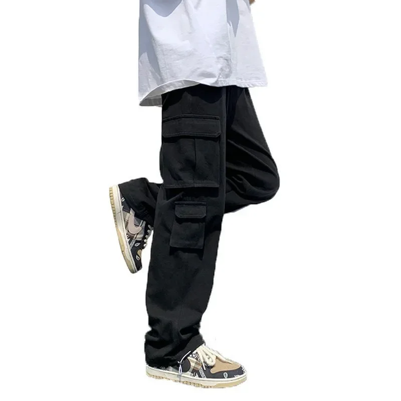 Black/white Casual Pants Men's Fashion Loose Straight Wide Leg Pants Men Streetwear Hip-hop Pocket Cargo Pants Mens Trousers