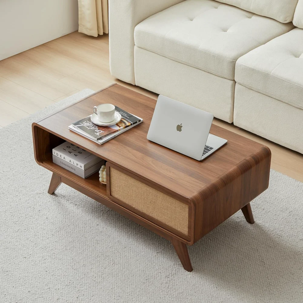 Mid-Century Modern Walnut Coffee Table -Curved Edge Wood Rectangle Center Table,Sliding Linen Door Storage for Living RoomOffice
