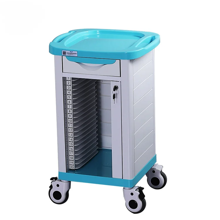 Factory wholesale mobile medical records trolley with locking tablet drawer double row hospital nurses station case