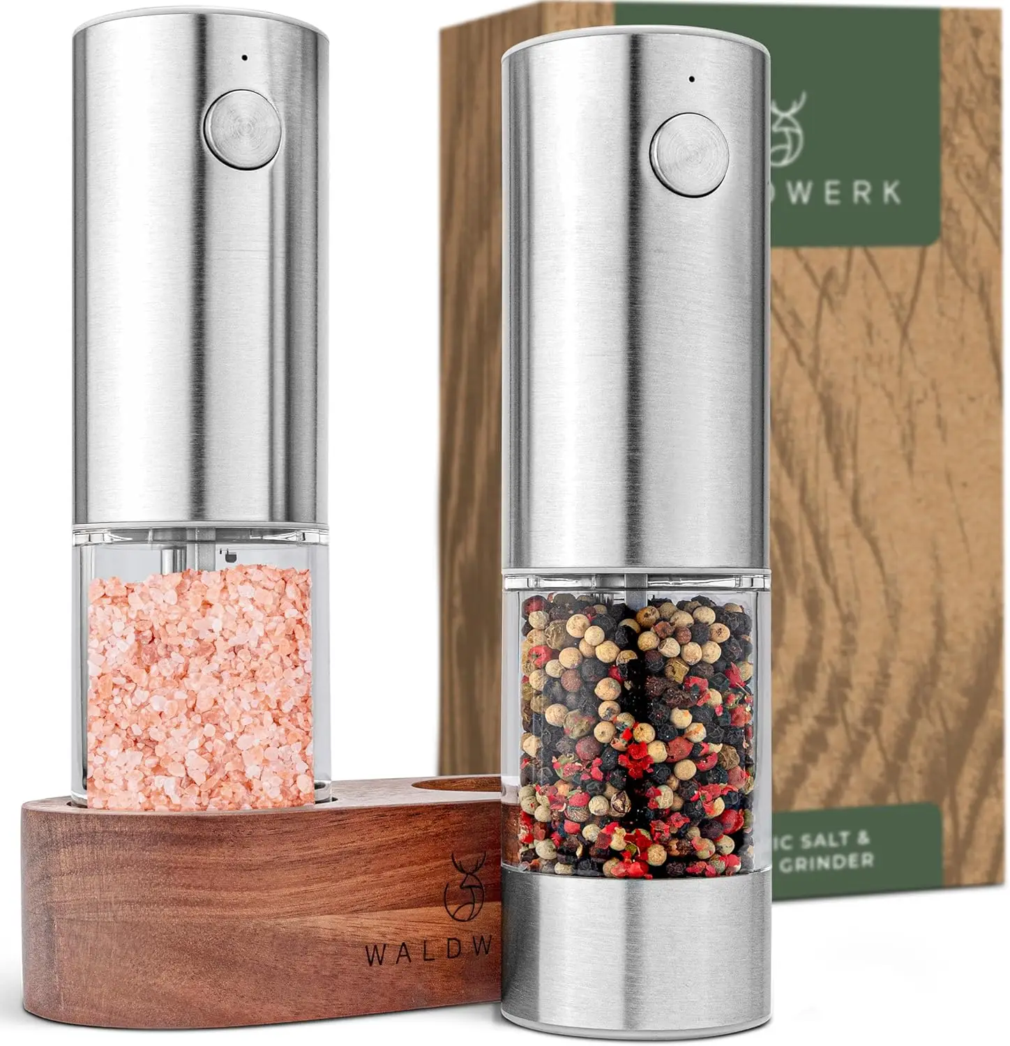 

Rechargeable Electric Salt and Pepper Grinder Set with Acacia Wood Stand, 300 mAh Battery