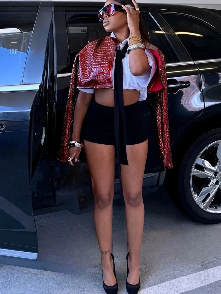 

Женские блестящие укороченные куртки с драпировкой, модные осенние новинки, с открытым швом, с длинными рукавами, прямым кроем плеча, шикарная уличная одежда