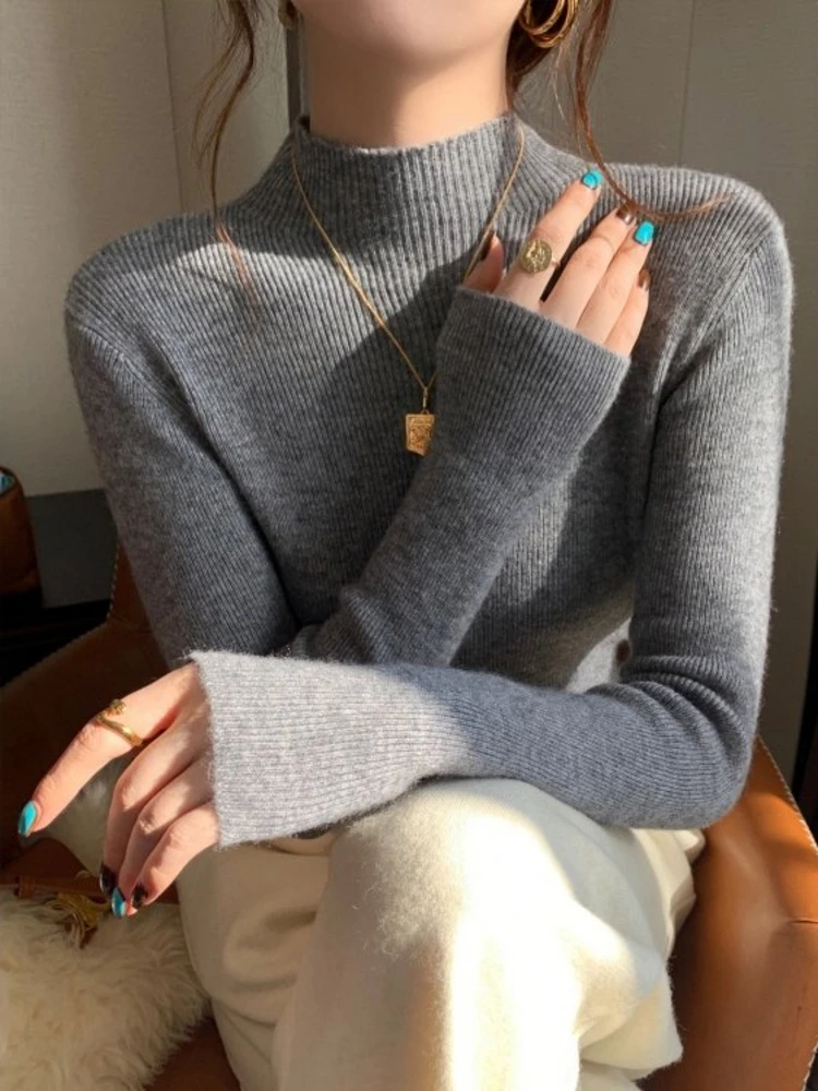 

Soft Knitted Base Layer Shirt Women's Inner Wear Half High Collar Grey Casual Style Spring New Arrival Breathable Comfortable