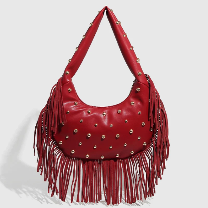 2025 New Fashionable Punk Dumpling Bag Tassel Women's Bag Women's Rivet Personalized Shoulder Bag Women's Bag Underarm Bag