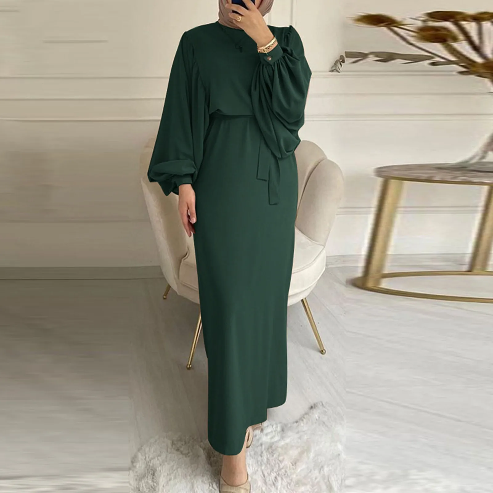 Women's Chic and Elegant Solid Color Muslim Long Sleeve Dress Islamic Prayer Clothes Temperament Evening Party Dresses 2025