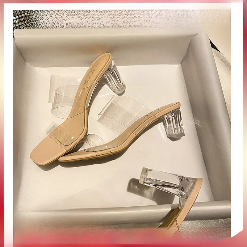 

Translucent Summer High Heels Sheepskin Sandals Women mid Heel Fairy Style Slippers Rubber Outdoor Wear Thick Heel
