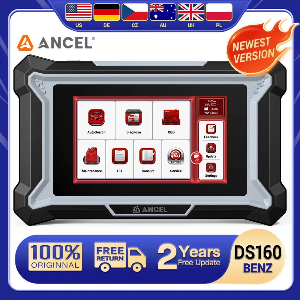 

Автомобильный диагностический инструмент OBD2 ANCEL DS160, двунаправленный A/F D-PF, регенное кодирование ECU, 30 + услуги по техническому обслуживанию, бесплатное обновление для Benz