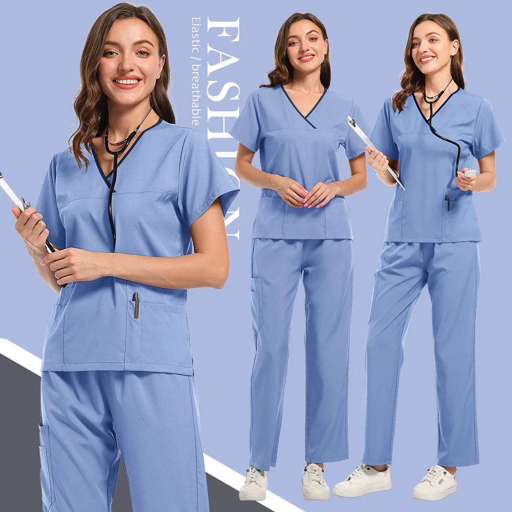 

Medical Scrubs Uniform Women Nurse Scrub Set Pocket Top+Pants 2 Piece Suit Nursing Operating Room Clothes Beauty Salon Work Wear