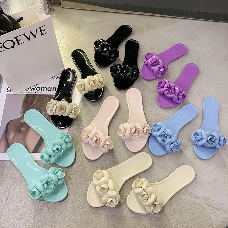 Ladies Home Slippers Jelly Shoes Casual Flower Slippers Women Slip on Flat Shoes Female Fashion Non Slip Slides Beach Sandals