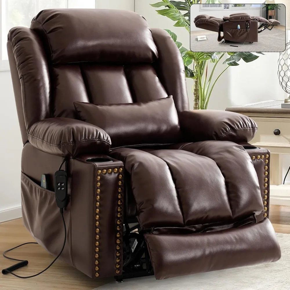 Dual Motor Large Power Lift Chair Lay Flat Recliner, w/Waist Pillow,USB Ports&Remote, Extended Footrest,Breathable Leather