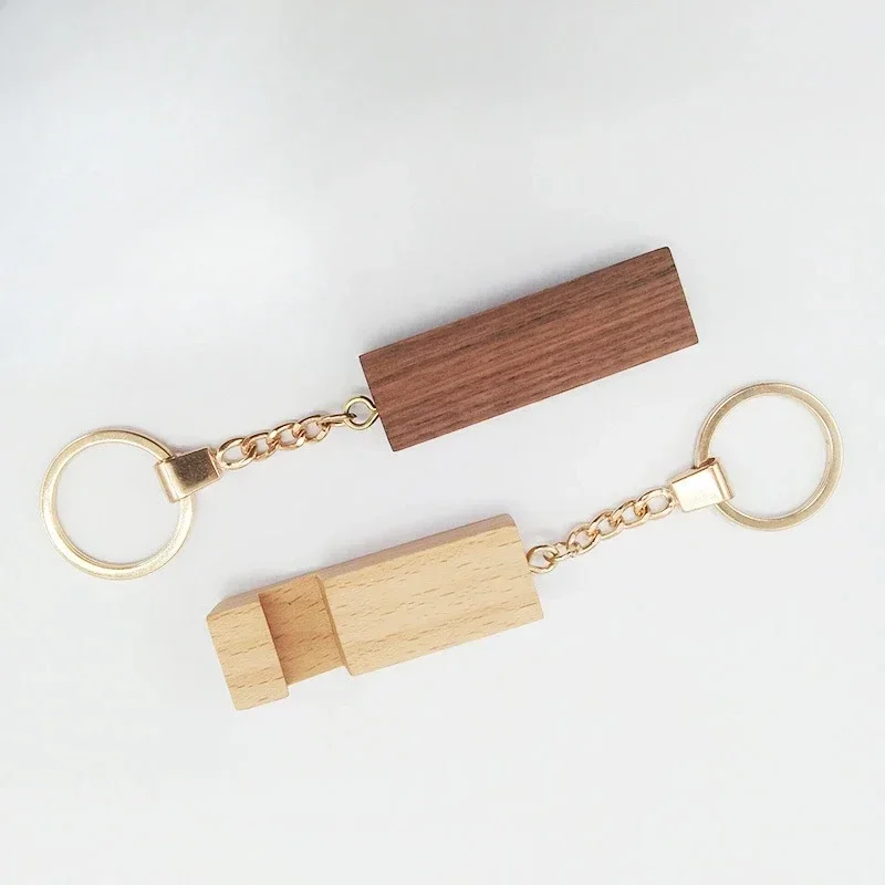 Laser Engrave Wooden Keychain Custom LOGO Metal Blank Phone Holder Wood Car Keyring Pendant Personalize Key Chains Company Gift