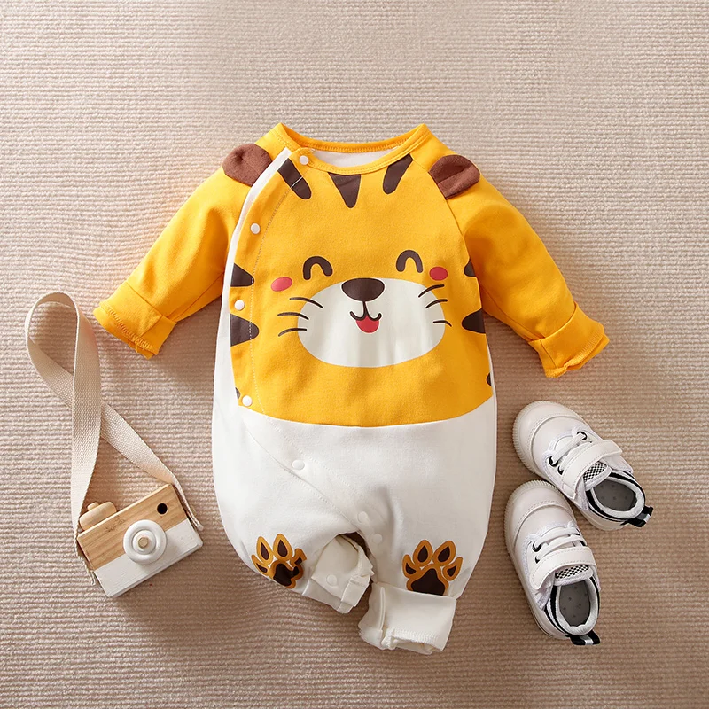 Spring and Autumn Boys and Girls Cute Cartoon Tiger 3D Printed Cotton Comfortable Long Sleeve Baby Bodysuit