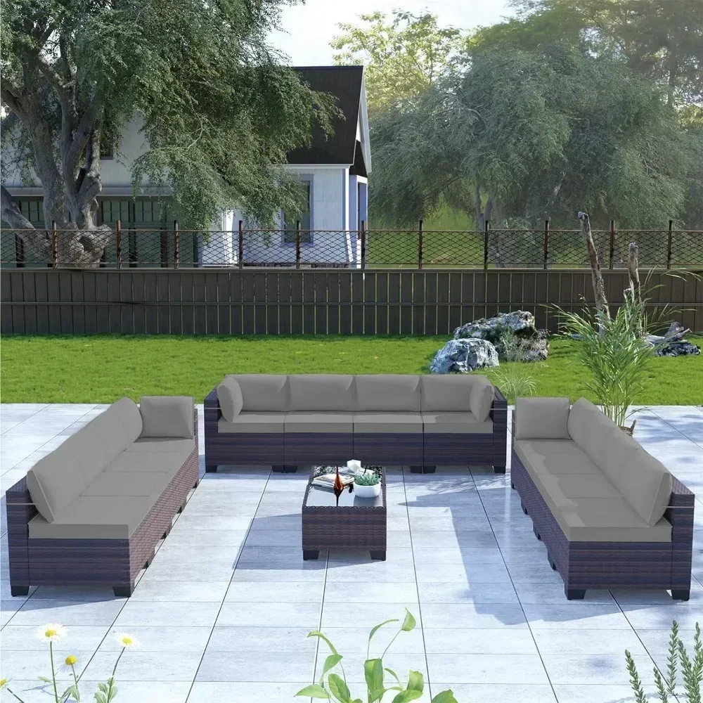 Outdoor Patio Furniture 12 Piec Set, Sectional PE Wicker Conversation Sofa Set with 10 Seat Cushions& 2 Tempered Glass Table