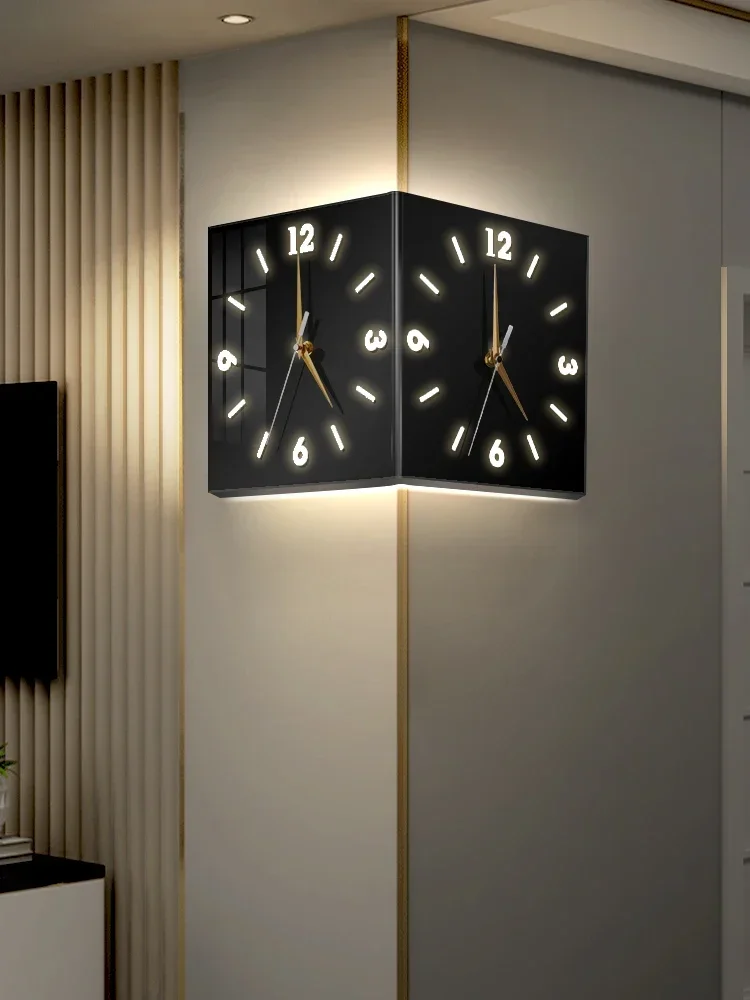 Modern minimalist living room, illuminated double-sided corner clock, home use, no punching creative clock, wall lamp, pain