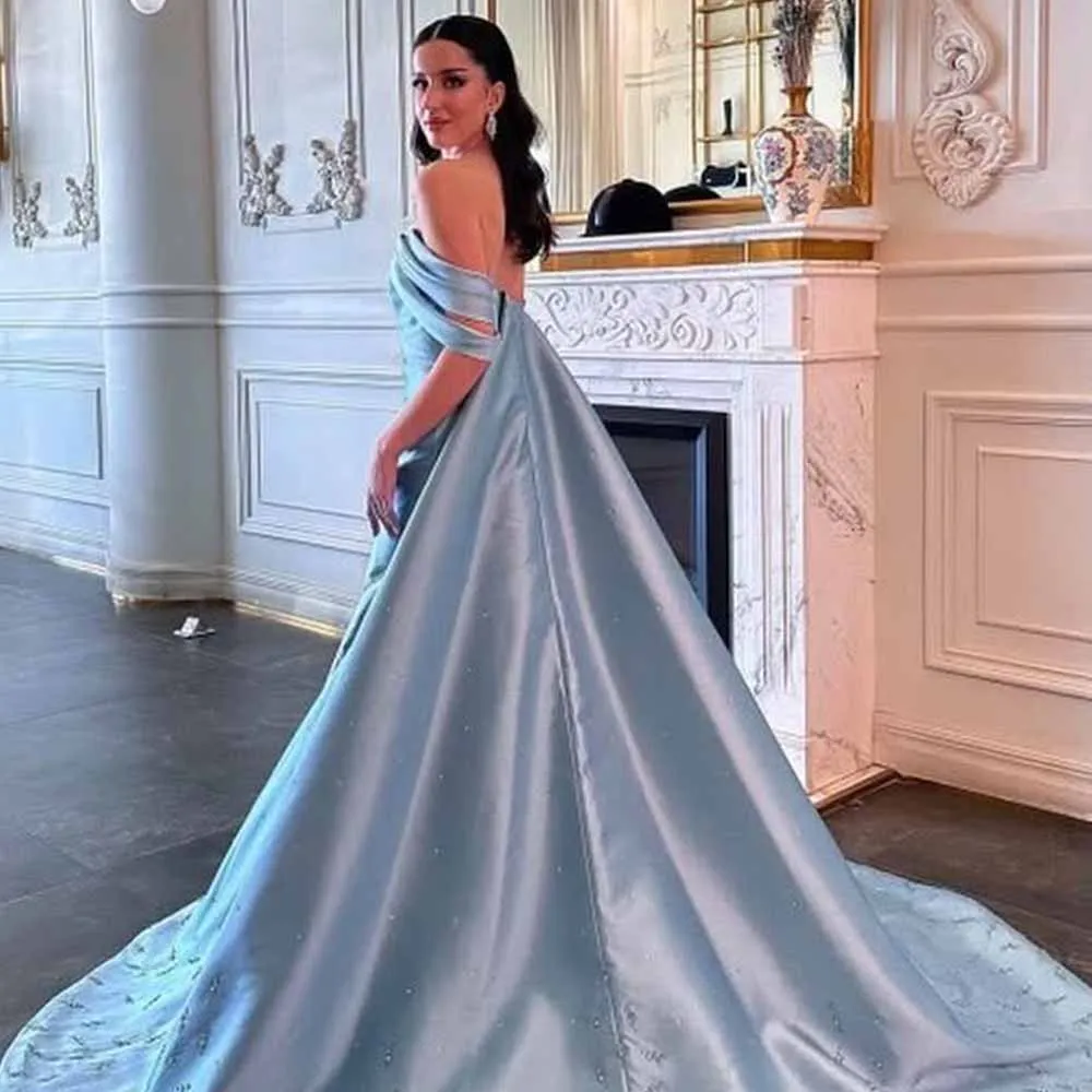 

Elegant Party Dresses Woman Satin Mermaid/Trumpet Formal Evening Dress Blue Off-the-shoulder Pearls Beading Prom Dress Long 2025