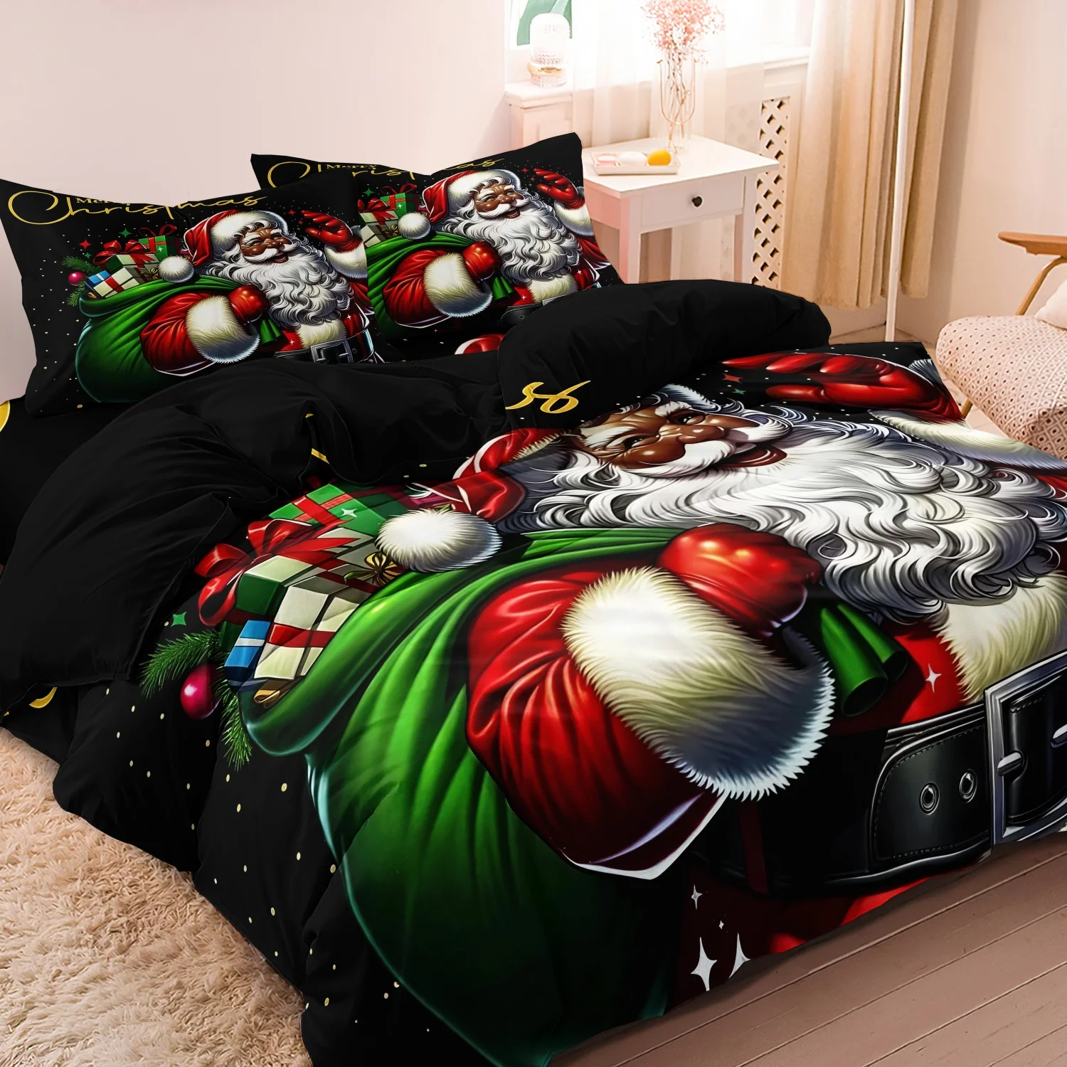3Pcs Black Santa Claus Merry Christmas Duvet Cover Set, Santa Gift Sack Gift Boxes Golden Lettering Star Elements Bedding