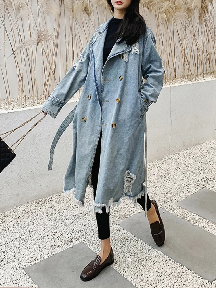 

Trench Coat for Women 2023 Spring Autumn Style Polo Collar Long Sleeve Lace Up Waist Single Breasted Broken Denim Trench Coat