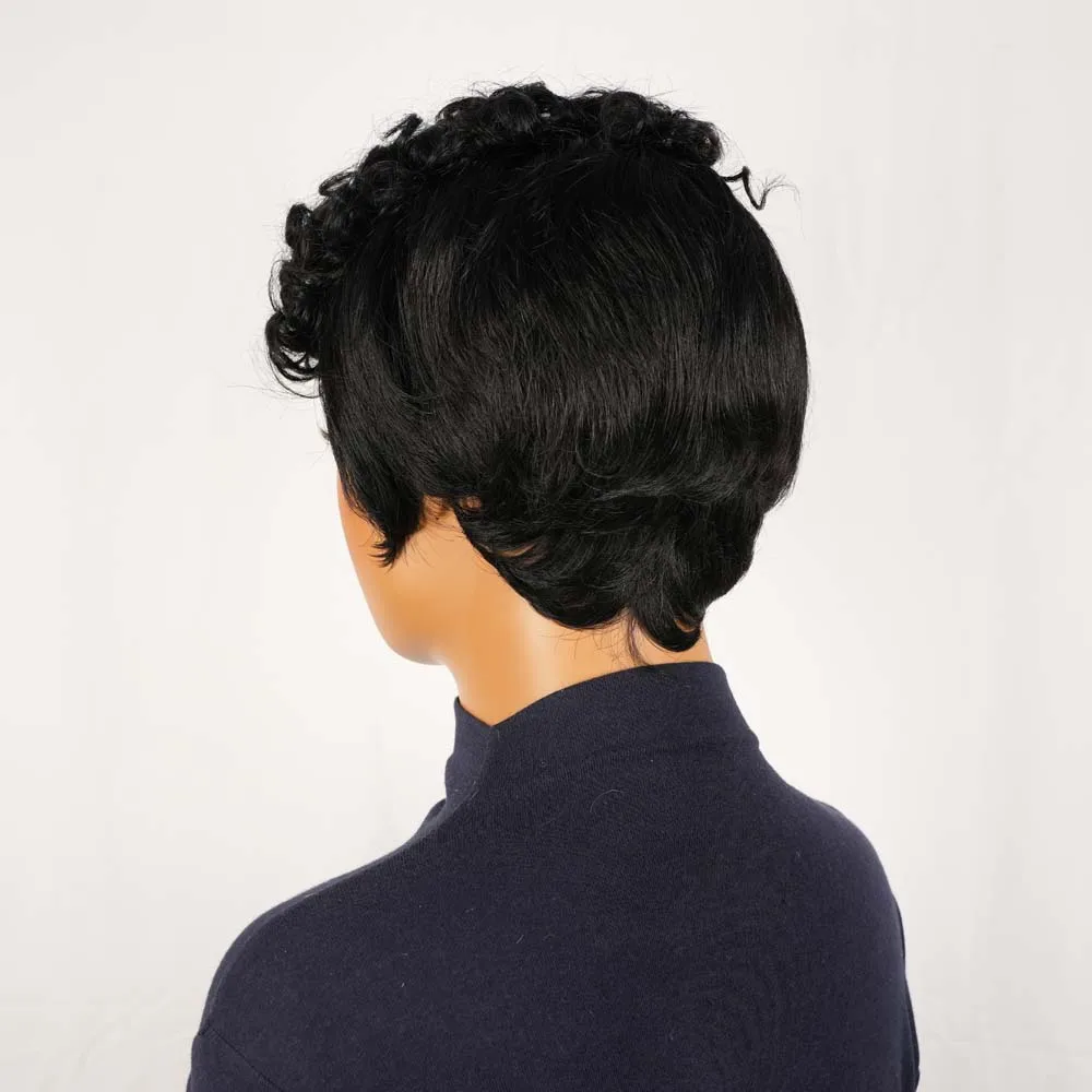วิกผมสั้นแบบพิกซี่คัทสำหรับผู้หญิงผิวดำ ผมแท้แบบเรมี่  ทำด้วยเครื่องจักร สีดำ สำหรับใช้ในชีวิตประจำวัน