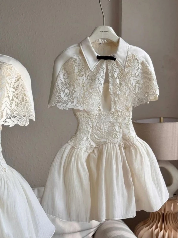 

Retro Ladylike Lace Hollow out Design Cape Shoulder Wrap Waist Cinching Mesh Strap Dress Women Fashionable Spring Outfit