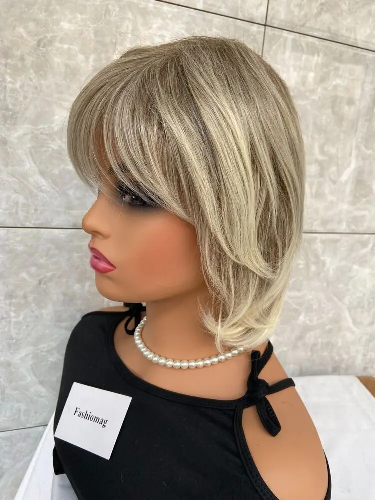 Short Bob Fluffy Blonde Human Hair Blend Heat Bangs Women Soft Wigs