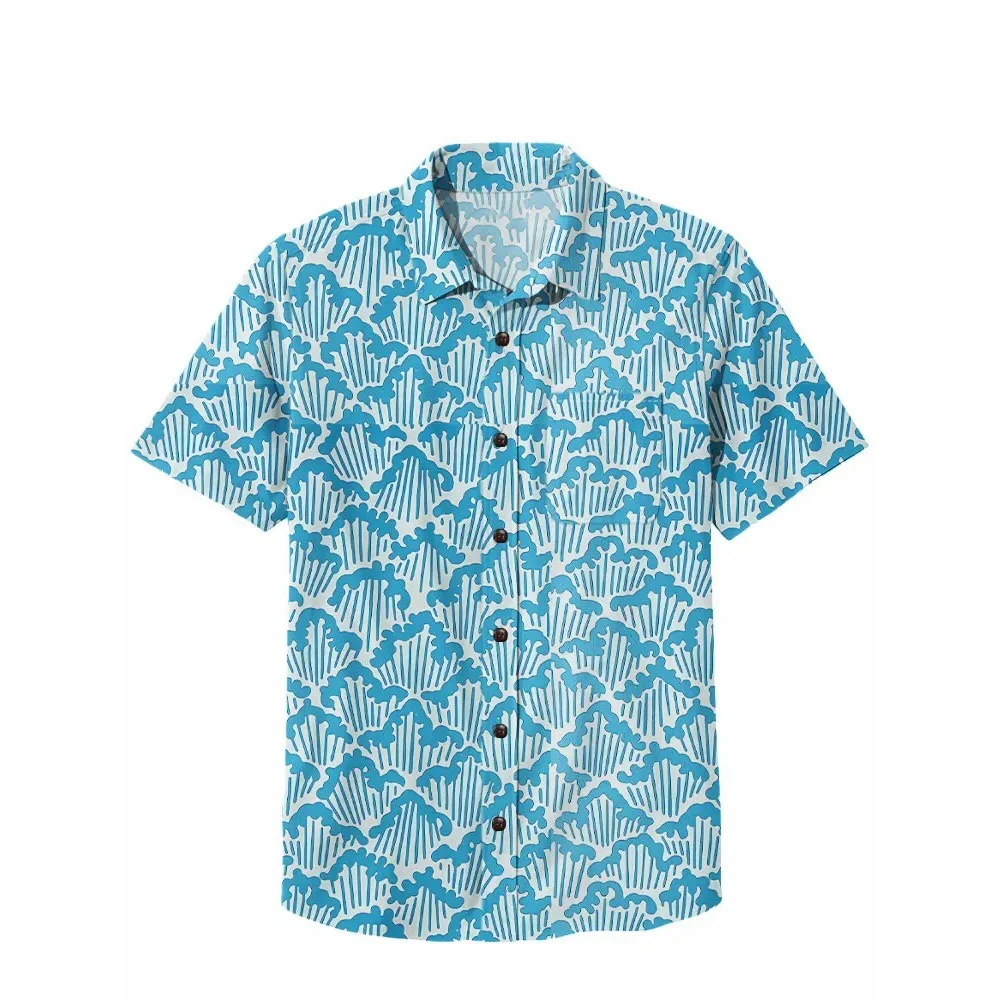 Camisa de algodón 100% ondulada azul, camisa hawaiana con pintura ukiyo-e para hombre, camisas con botones de manga corta de verano, camisetas tropicales divertidas