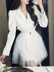 Female dress White suit A-line dress V-neck spliced office suit mini dresses elegant women midi dresses high quality women suit