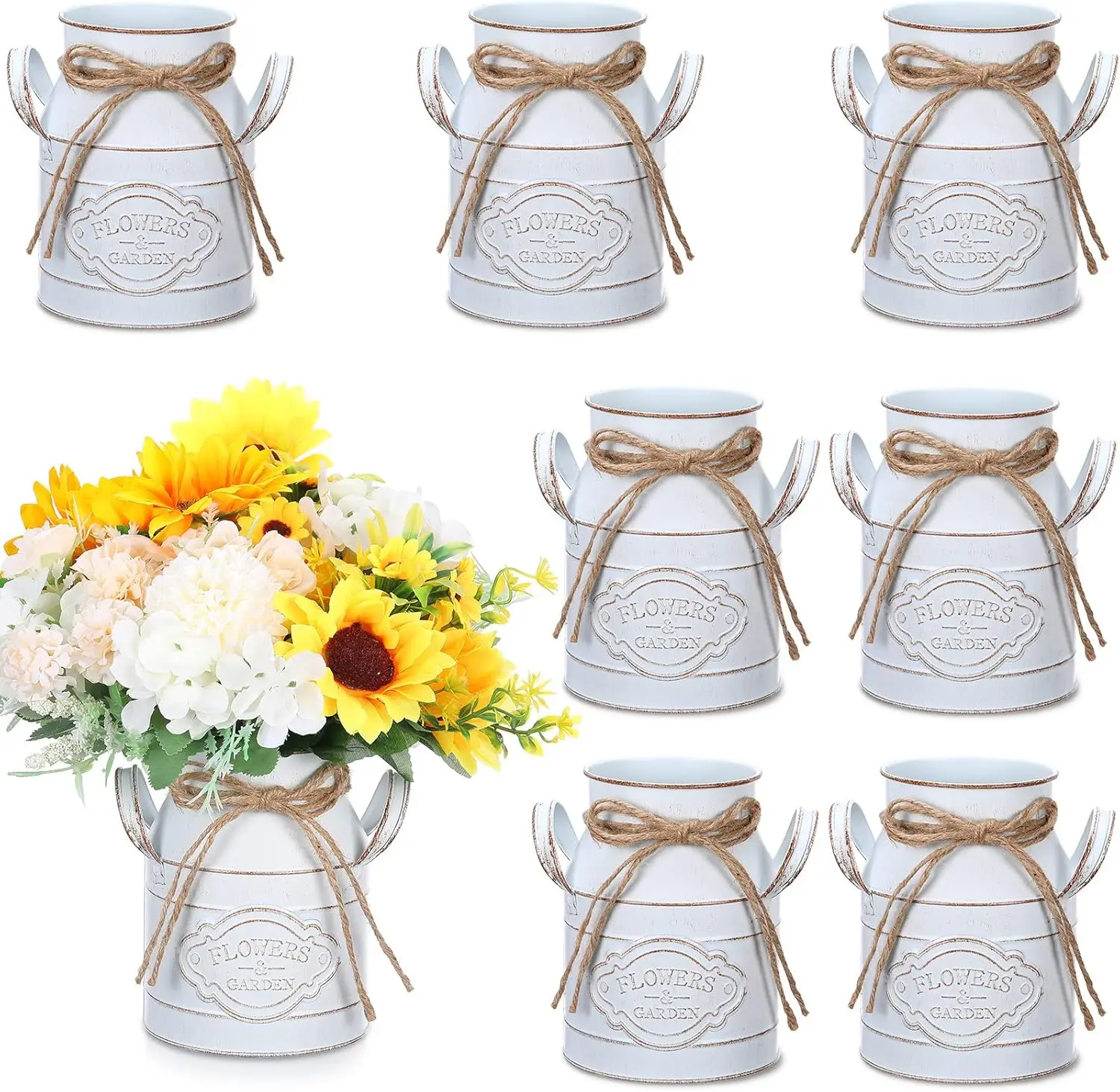 

8 Pcs 6 Inch Vintage Galvanized Milk Can Vase, Farmhouse Metal Vases with Handle, Rustic Flower Buckets for Wedding Table