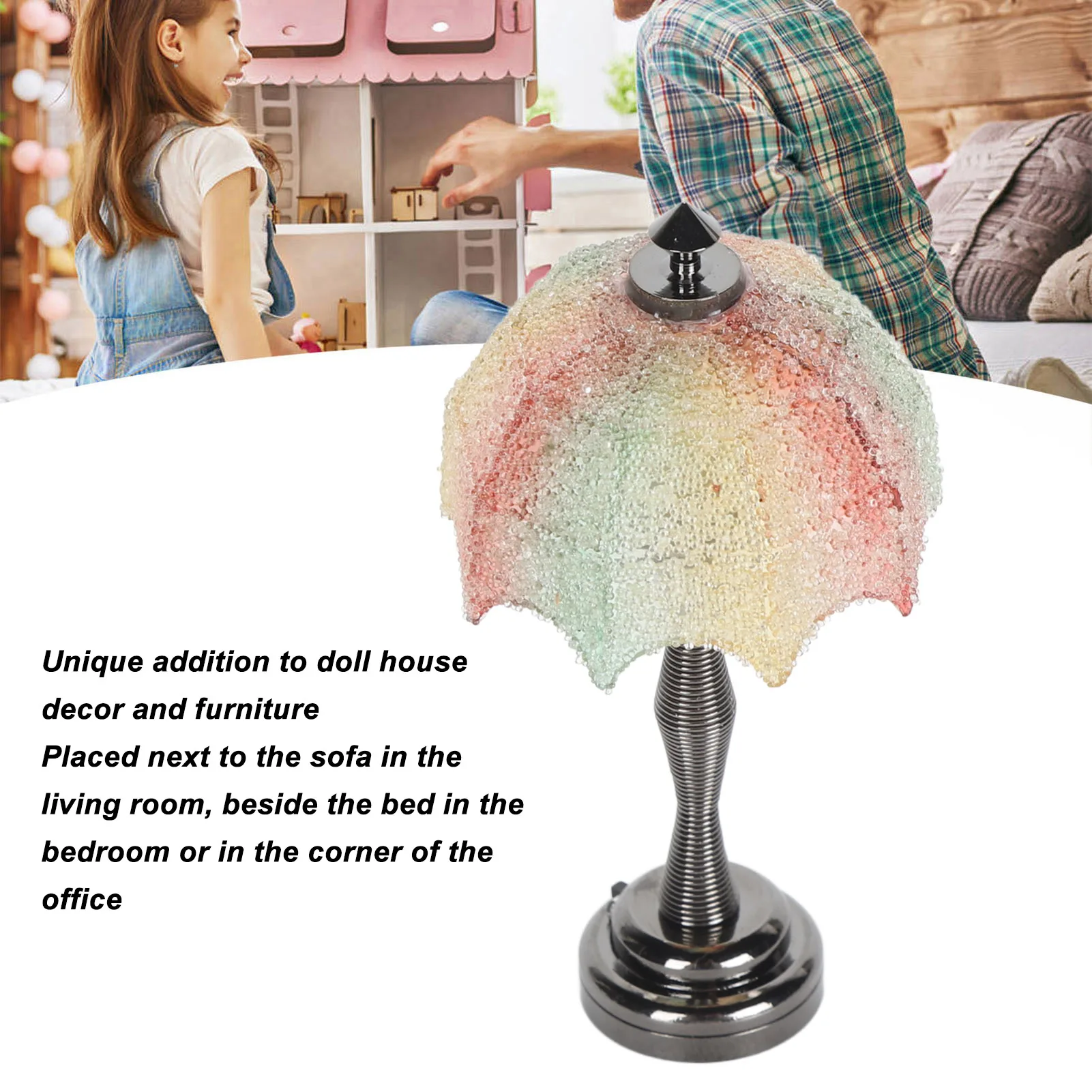 ZK20 Mini Dollhouse Floor Lamp Miniature 1:12 Scale Doll House LED Light Furniture Accessories Decor Color Particle Lampshade