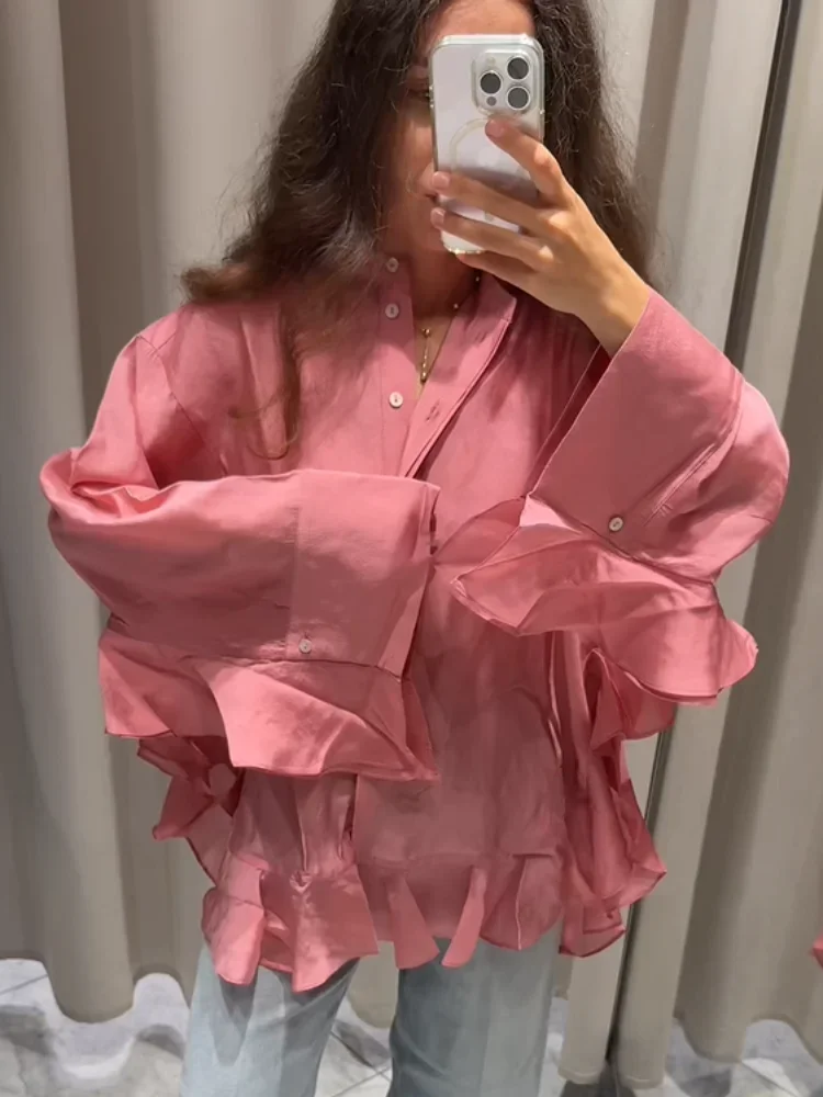 

Women Solid Elegant Chiffon Ruffled Shirt Fashion Pink Single Breasted Loose Casual Shirts Lady Daily Chic Commute Office Tops