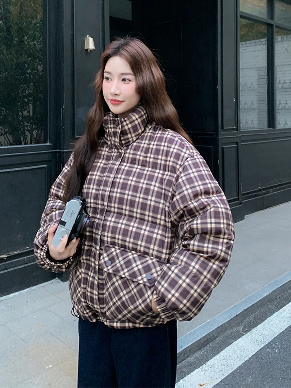 

Ретро-повседневная корейская куртка в клетку с наполнителем из пуха, женская, теплая, 90% белый пух, верхняя одежда, зима 2025, новинка