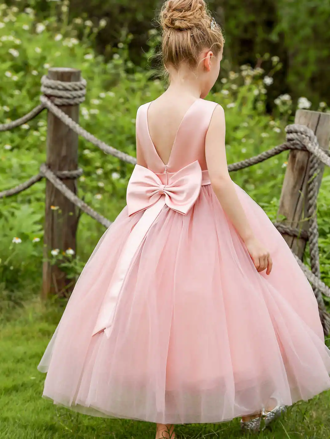 Children Party Prom Dress Flower Girl Satin Tulle Princess Wedding Gowns Bowknot