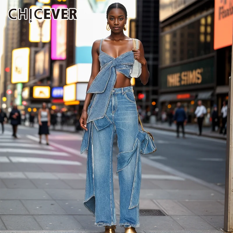 CHICEVER Hollow Out 2 Piece Denim Set For Women Spliced Bowknot Sleeveless Backless Tank Tops High Waist Slim Pant Sets Female