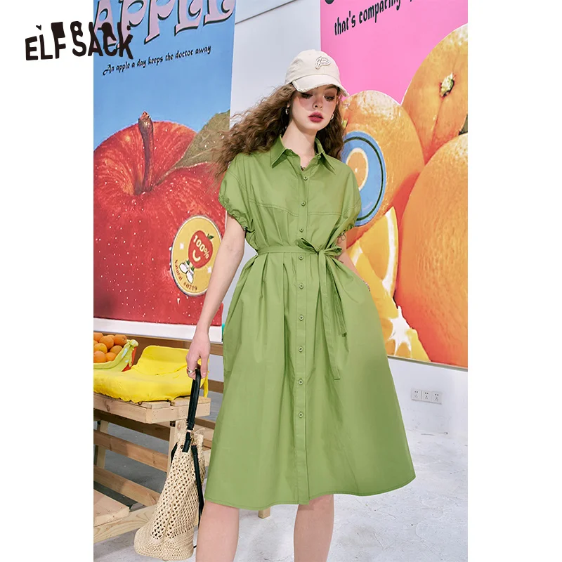 

ELFSACK 2024 summer new arrival Green puff sleeve waist high-end temperament slim shirt dress for women