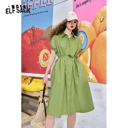 ELFSACK 2024 summer new arrival Green puff sleeve waist high-end temperament slim shirt dress for women