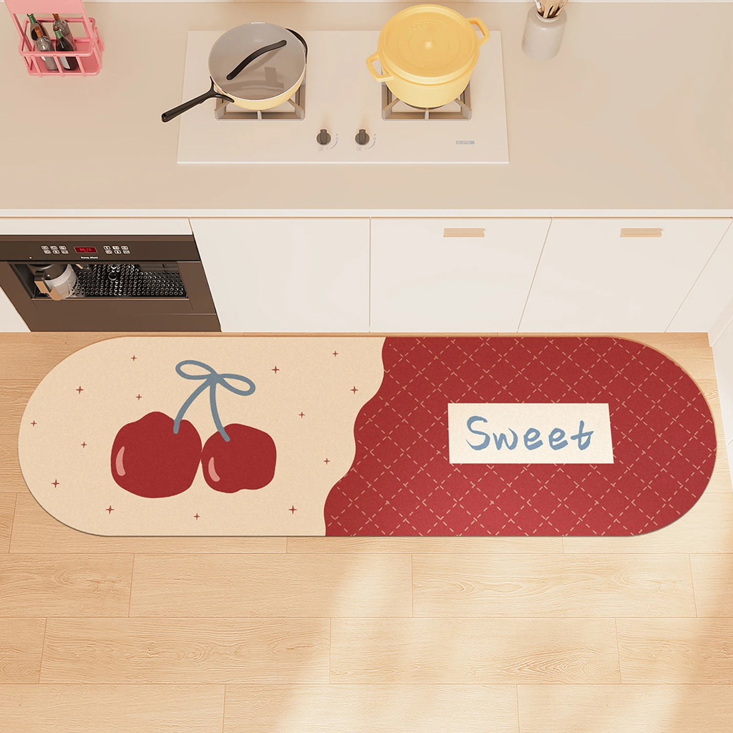

PVC Leather Washable Kitchen Floor Mat Cartoon Cherry Light Luxury Carpet Non-slip Oil-proof Waterproof Rug Home Decoration 주방깔개