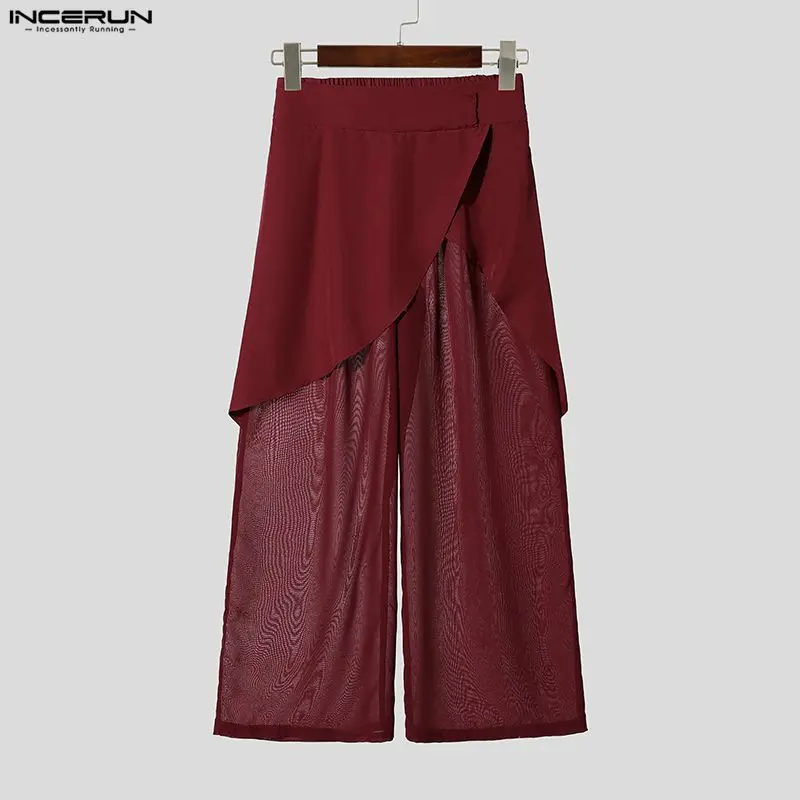 INCERUN Men Pants Mesh Patchwork Wide Leg Trousers For Man Streetwear Loose See Through 2026 Fashion Irregular Pants Pantalones view 4