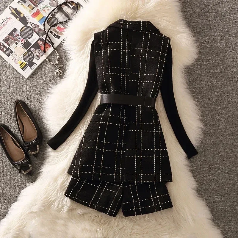 Vintage Fall Shorts Suit Elegant Luxury Plaid Tweed 3 Piece Sets Women Korean Mid-Length Belt Vest Jacket + Pants + Knit Sweater