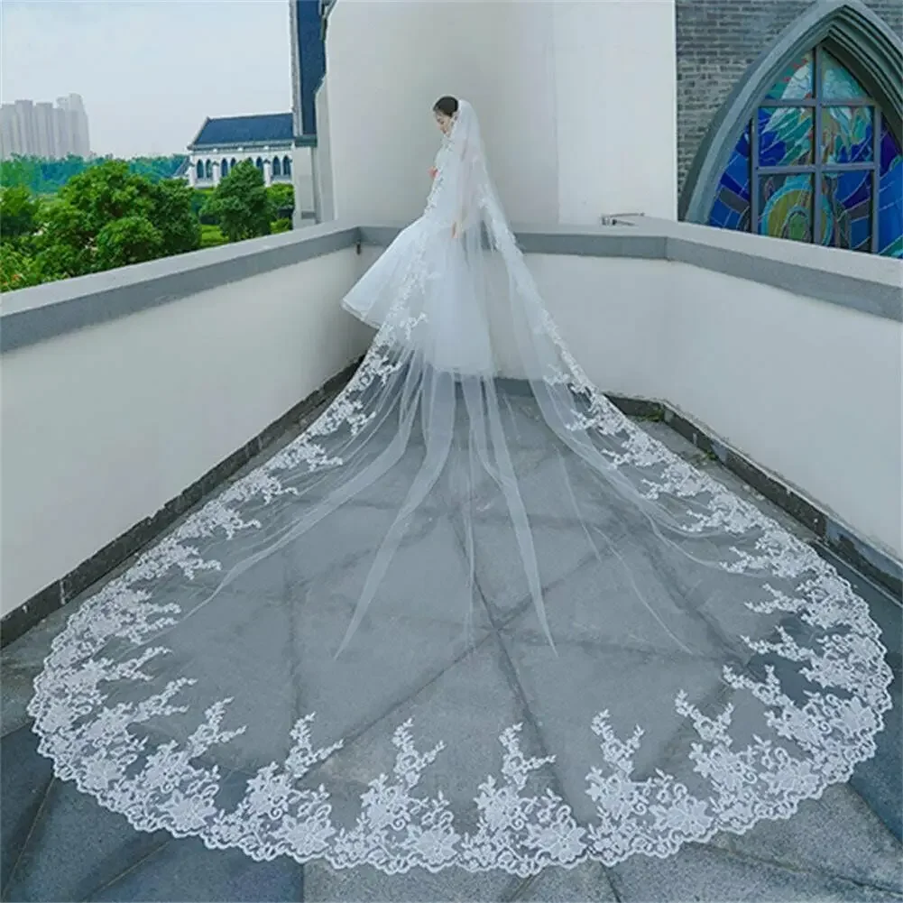 

Luxury White Ivory Long Lace Bridal Veil 1 Layer Cathedral Wedding Veil Wedding Accessories