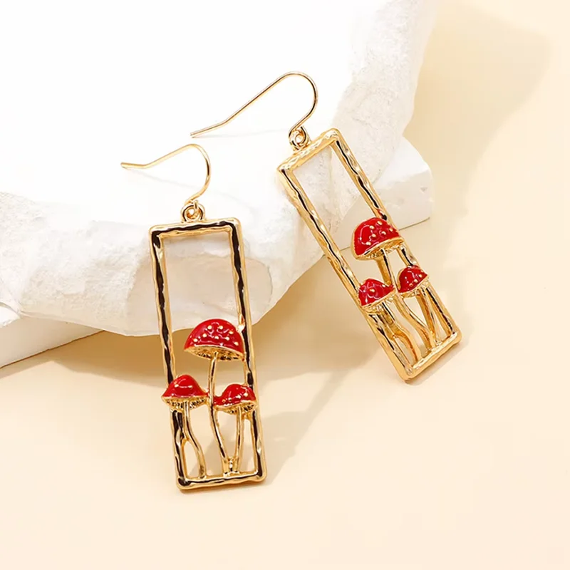 Sweet Cute Women Dripping Oil Mushroom Earrings Jewelry Accessories Fashion Hollow-out Rectangular Geometric Earrings For Women