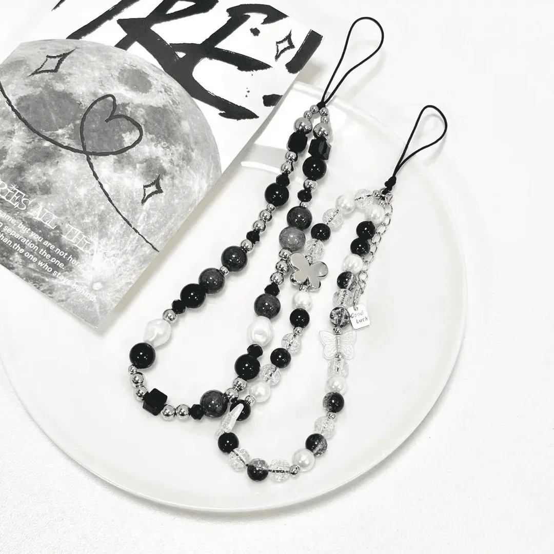 Japanese And Korean Spicy Girl Butterfly Black And White Mobile Phone Chain CCD Camera Unique Bead Hanging Rope Chain