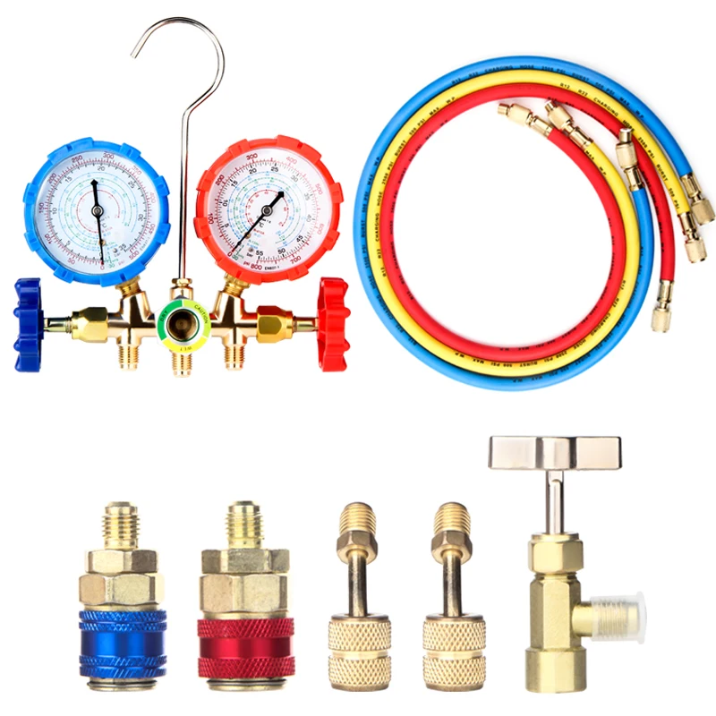 Air Conditioning Pressure Gauge with Hose and Hook 3 Way AC Diagnostic Manifold Gauge Set for Freon For R12 R22 R404A R134a