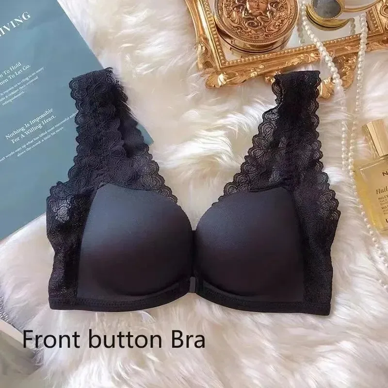 Women Front Button Bra Camisole Underwear Black M L XL Lace Shoulder Strap Breathable V Neck Gather Up Soft Comfortabl Casual