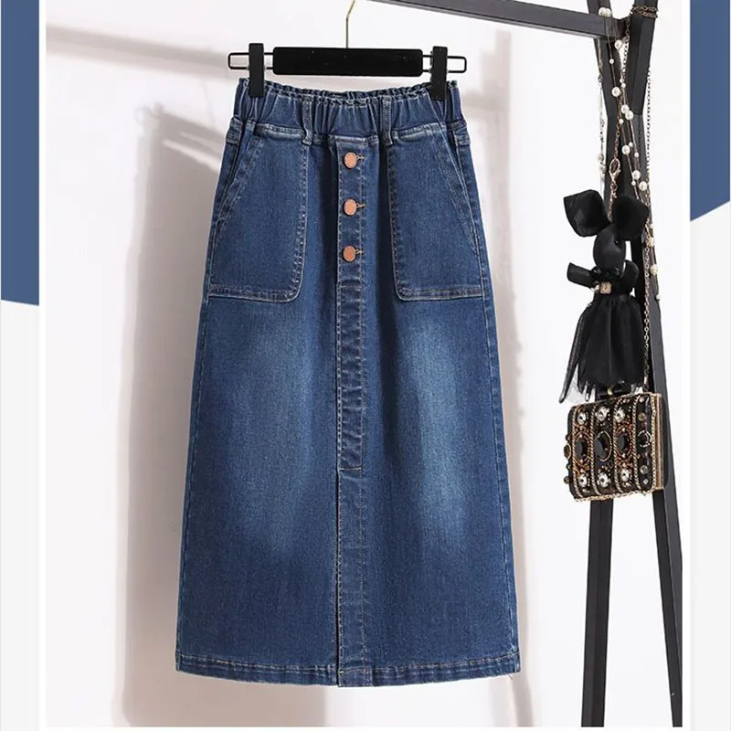 

Single Breasted Split Denim Skirts Woman Stretch A Line Elastic Waist Casual Pocket Classic Calf Length Skirt Female OL Mujer