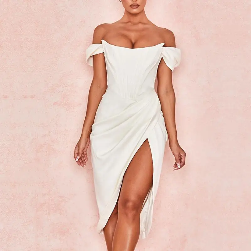 2025 nouvelles femmes hors-la-épaule, bustier, fishbone minceur, fente couleur unie à la mode et sexy robe courte