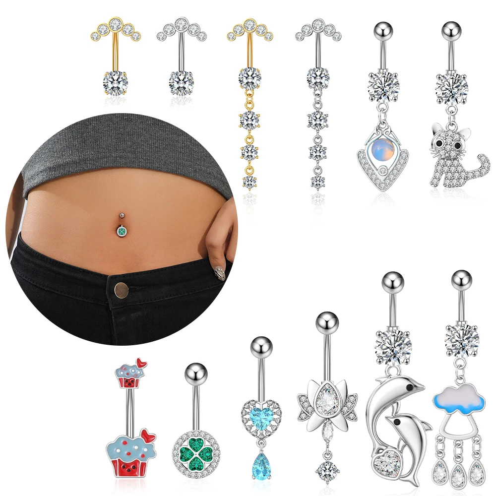 Surgical Steel Dolphin Love Dangled Belly Button Piercing Gold Color 5 Crystal Pendant Body Navel Ring Cat Clouds Belly Rings