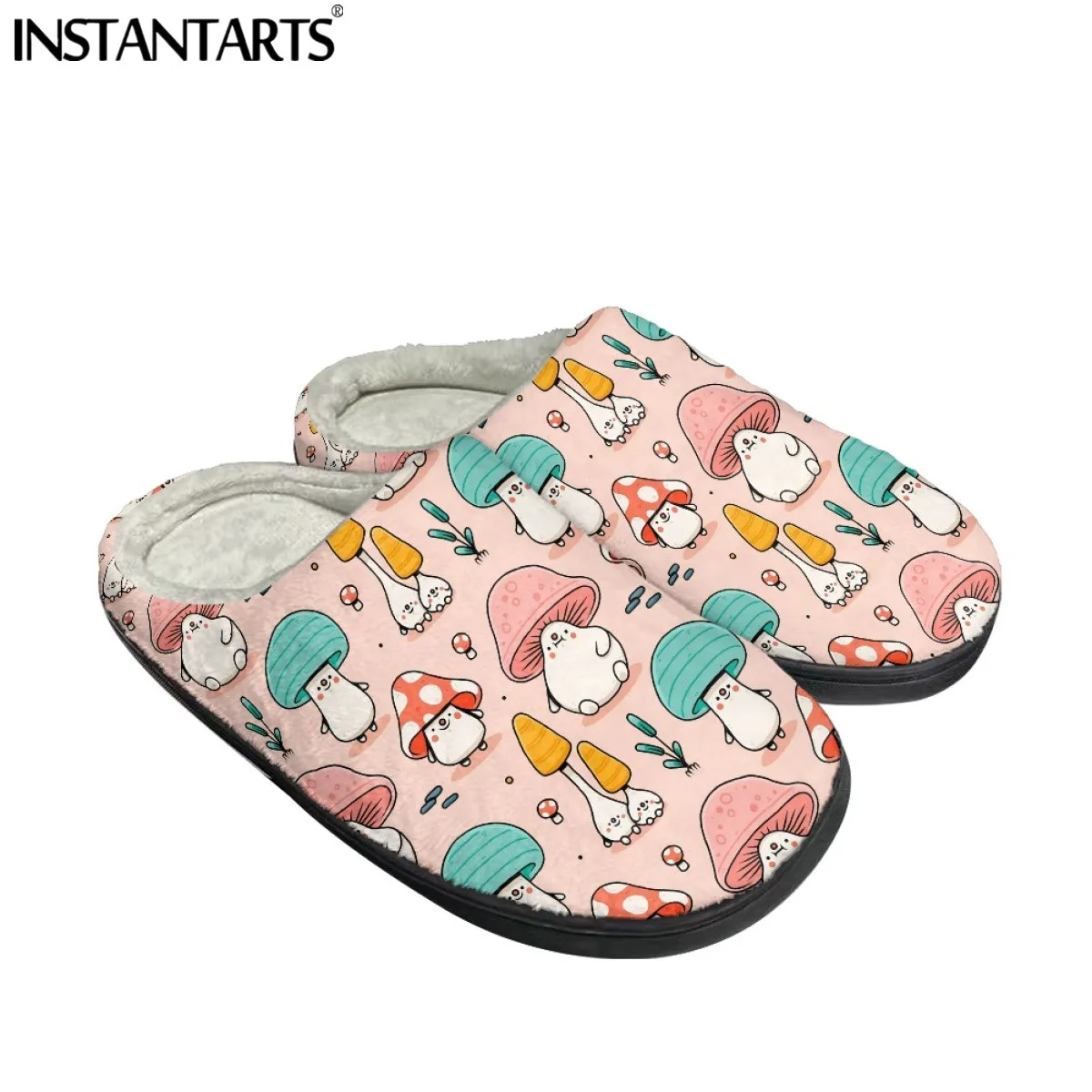 INSTANTARTS Mushroom Pattern House Flat Floor Soft Silent Slides Warm Plush Slippers Woman Indoor Slippers Couple Winter Shoes