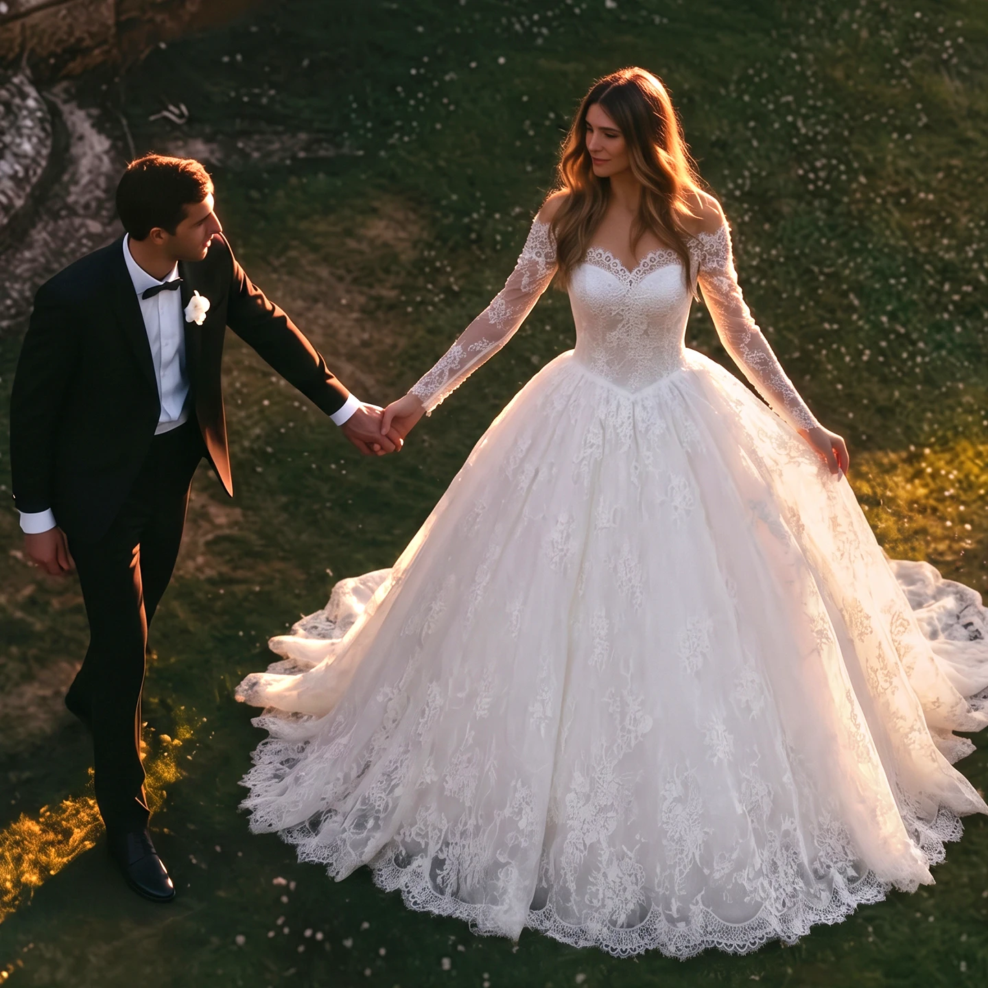 Sharon Said Elegant White Lace Ball Gown Wedding Dress Illusion Off Shoulder Long Sleeve Corset Bridal Gowns SW754 Customized