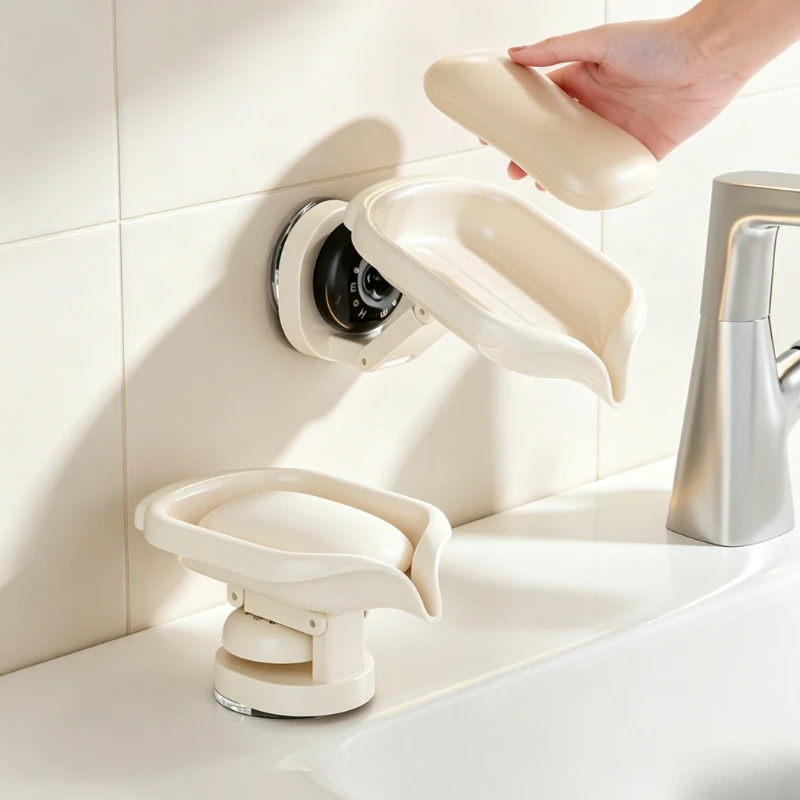 Bohrfreier Drehbarer Seifenhalter mit Saugnapf, Wandmontage, Schwenkbarer Abtropf-Seifenhalter, Aufbewahrungsregal für Seife im Badezimmer und in der Waschküche
