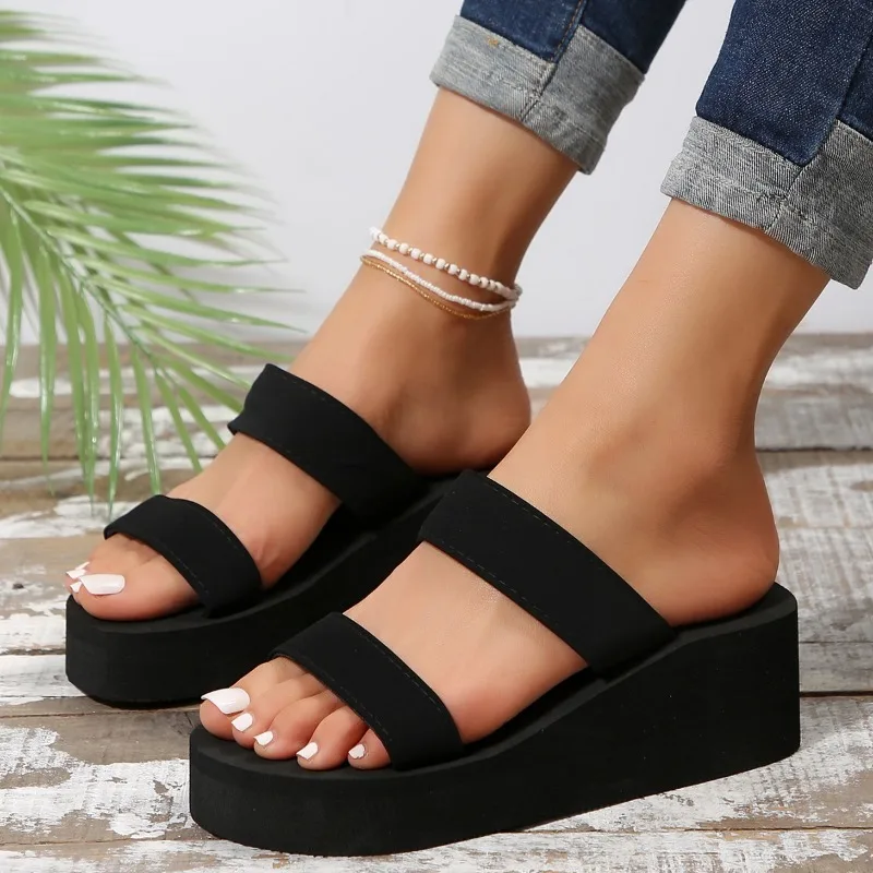 Summer New Fashion Leisure Super High Heels Wedges Chunky Sole Platform Cutout Peep Toe Women Gladiator Slippers Ladies Beach