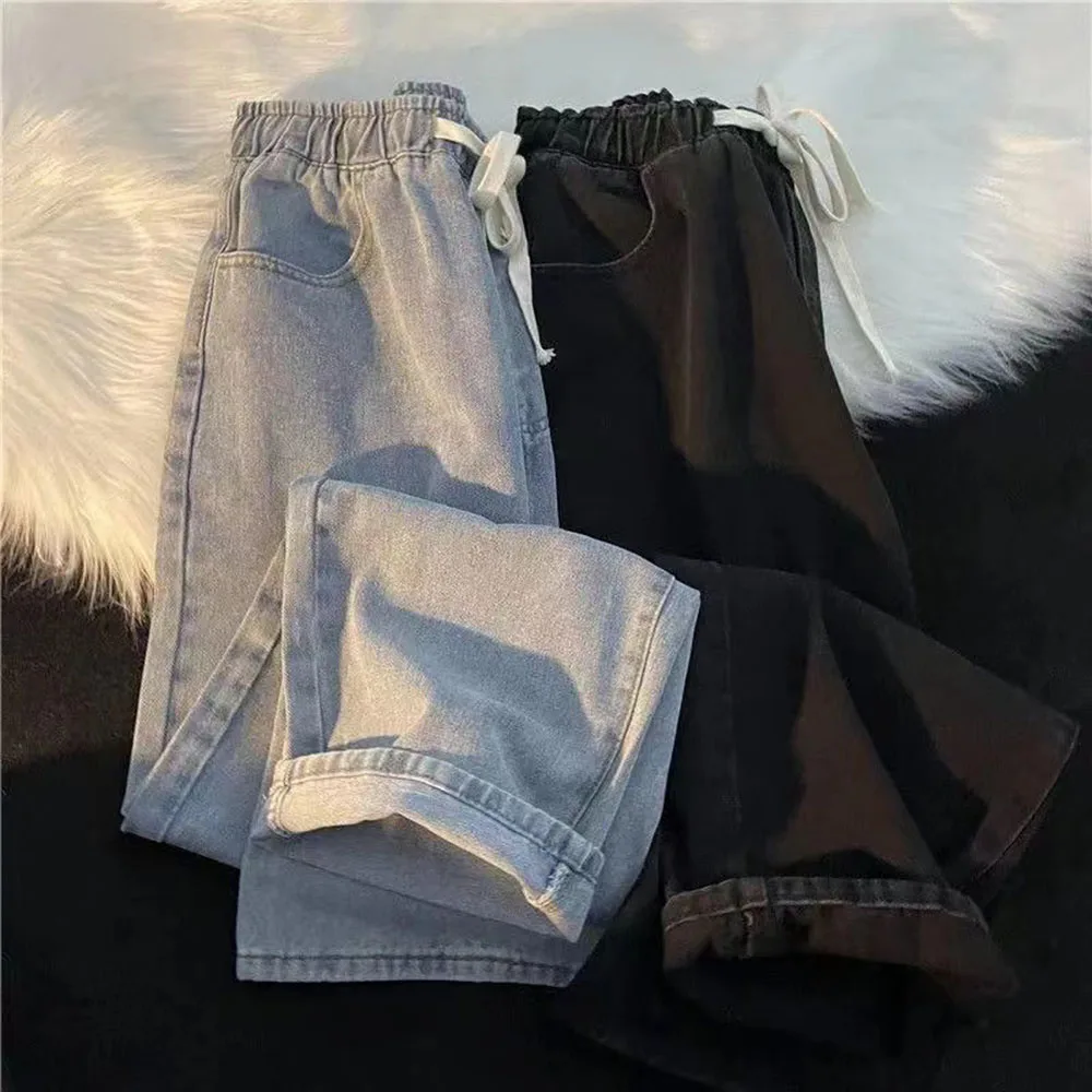 Elastic Waist Light Color Wide Leg Jeans for Women's Spring and Autumn New High Waist Slim Fit Straight Cropped Pants